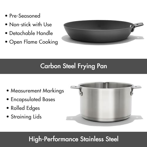OXO Outdoor 8 Piece Camping Cookware Set, 10" Pre-Seasoned Carbon Steel Frying Pan Skillet, 2.25QT and 5QT Stainless Steel Saucepans with Lids, Removeable Handle, Trivet, Travel Bag, Space-Saving - size: 8 Piece Cookware Set
