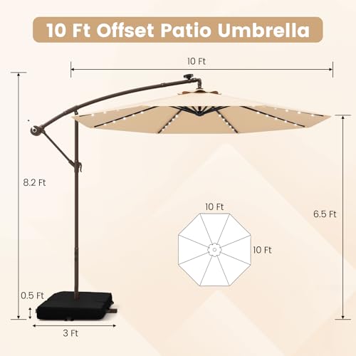 Tangkula 10FT Offset Patio Umbrella with Base Included, Outdoor Cantilever Umbrella with 40 Solar LED Lights, Tilt Adjustment, Crank Handle, Vented Top, Sand Bags for Pool Yard Deck (Beige) - color: Beige