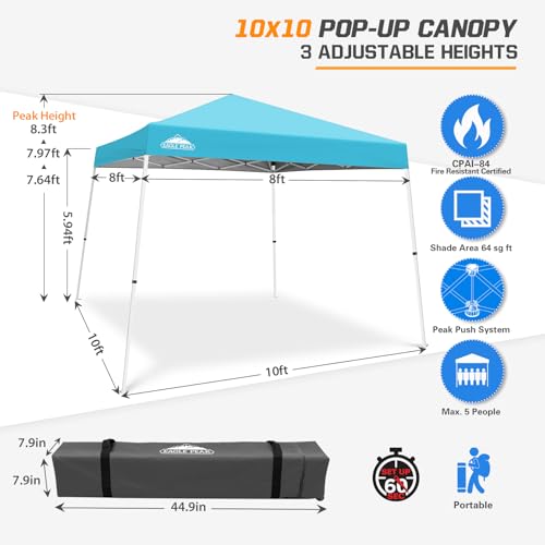 EAGLE PEAK 10x10 Slant Leg Pop-up Canopy Tent Easy One Person Setup Instant Outdoor Beach Canopy Folding Portable Sports Shelter 10x10 Base 8x8 Top (Light Blue) - color: Light Blue, size: 10x10