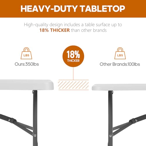 6ft Folding Table Heavy Duty 350 LBS Capacity Foldable Table with 18% Thicker HDPE Waterproof Top & Reinforced Steel Frame, Portable Fold-in-Half Table for Outdoor Indoor Party Wedding Camping - color: White, size: 6Ft