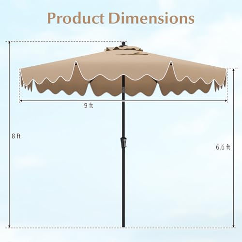 Tangkula 9Ft Patio Umbrella with Crank, 2-Tier Outdoor Umbrella with Push Button Tilt, Sun-Protective Canopy, 8 Ribs, Scalloped Patio Umbrella for Outdoor Beach Deck Pool Table (Coffee) - color: Coffee, size: 9Ft