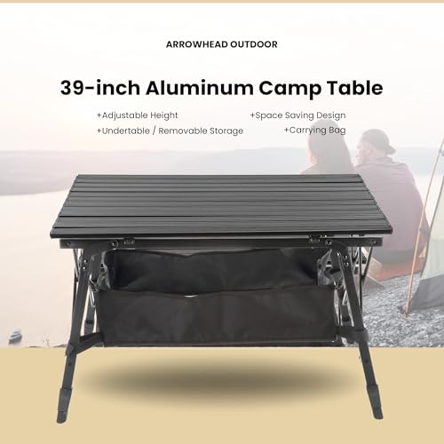 ARROWHEAD OUTDOOR 39" Aluminum Folding Camp Roll Up Table w/Adjustable Height, Undertable Mesh Storage, Carry Bag - color: Black