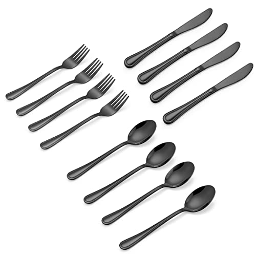LIANYU 12-Piece Black Kids Silverware Set, Stainless Steel Toddler Utensils Flatware Set, Child Cutlery Tableware for 4, Include knife Fork Spoon, Mirror Finished, Dishwasher Safe - color: Black