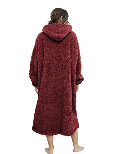 Sherpa Wearable Blanket Oversized Hoodie Sweatshirt TV Blanket with Long Sleeves and Pocket -WineRed - color: Winered