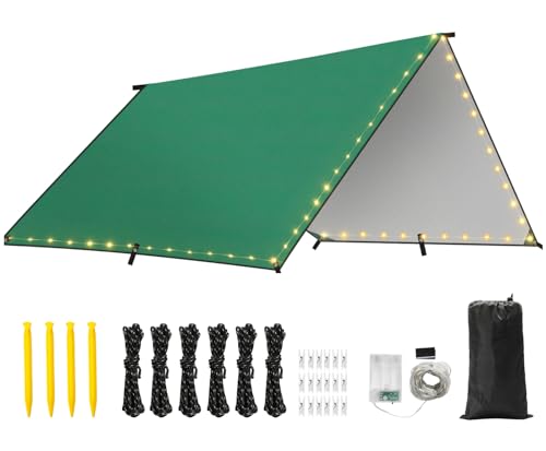 Rhino Valley Waterproof Tent Tarp, 9.8 × 9.8 Ft Large Outdoor Shelter Cover with Light Strings, Lightweight Portable Tarp Shelter Rain Tarp Camping Canopy for Hiking Traveling Backpacking - color: Dark Green