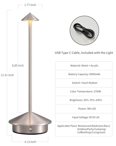 Modern Cordless Table Lamp Set of 2, Portable LED Desk Lamps, 5000mAh Rechargeable Battery Operated Lighting for Bedroom Dining Room Restaurant Coffee Shop Camping Night Light (Brushed Nickel) - color: Brushed Nickel (2 Pack)