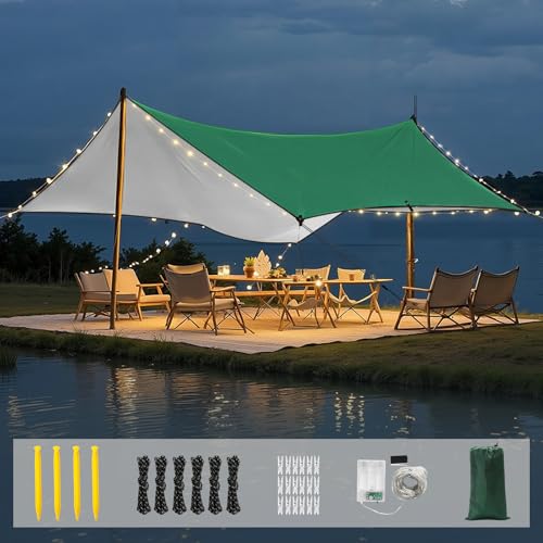 Rhino Valley Waterproof Tent Tarp, 9.8 × 9.8 Ft Large Outdoor Shelter Cover with Light Strings, Lightweight Portable Tarp Shelter Rain Tarp Camping Canopy for Hiking Traveling Backpacking - color: Dark Green