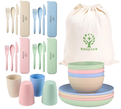 ECOSTAR Wheat Straw Dinnerware Sets Unbreakable Plates Bowls and Cups Reusable Utensils Dishwasher Microwave Safe Bowls and Plates Sets (Classic) - color: Classic