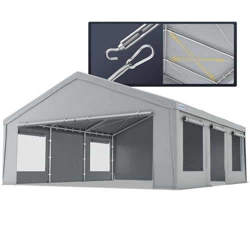 Quictent 20x20 ft Heavy Duty 2 Car Carport, Waterproof Storage Shelter with Zipper Side Doors, Snowproof Steel Cables & Ventilated Windows, Outdoor Garage for Car, Gray - color: Gray, size: 20'x20'