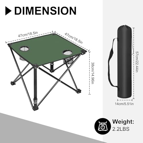 2 Pack Portable Camping Table, Ultralight Picnic Table Foldable with 2 Cup Holders and Carrying Bag for Outdoor Camping Picnic BBQ Beach Party Patio Fishing, Steel Frame, High-Grade 600D Oxford Fabric - color: Green, size: 2 Pack