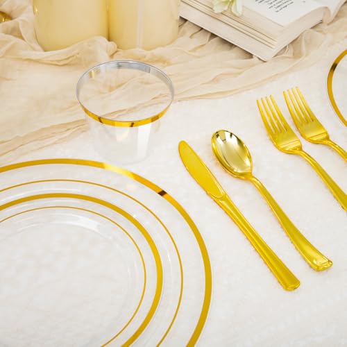 150 PCS Clear Gold Disposable Dinnerware Set for 25 Guests, Clear and Gold Plastic Plates for Party, 25 Dinner Plates, 25 Salad Plates, 25 Cups, 25 Spoons Forks Knives for Wedding and Party Supplies - color: Clear Gold, size: 25 Guests
