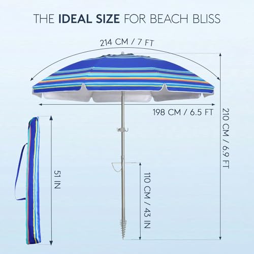 PASAMIC 7ft Beach Umbrella for Sand with Sand Anchor & Tilt, UPF 50+ Protection Beach Umbrellas for Heavy Duty Wind Portable with Carry Bag and Hook, for Patio Pool, Dark Blue Stripes（Random pattern） - color: Dark Blue Stripes, size: 7FT