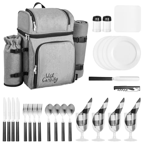 VEVOR Picnic Backpack, Beach Picnic Backpack Bag for 4 Person with Insulated Cooler Compartment, Detachable Bottle/Wine Holder, Lightweight Blanket, Plates and Cutlery Set for Hiking & Camping, Grey - size: double layer for 4 & gray