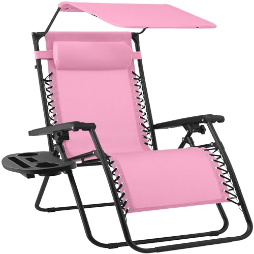 Best Choice Products 30” Wide Folding Zero Gravity Outdoor Recliner Patio Lounge Chair w/Adjustable Canopy Shade, Headrest, Side Accessory Tray - Carnation - color: Carnation, size: Oversized Extra Wide