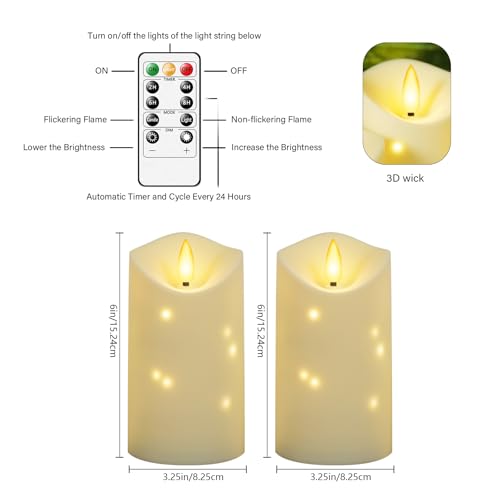 kakoya Outdoor Waterproof Flickering Flameless Candles with Embedded Star String,2Pcs LED Pillar Candles Battery Operated with Remote and Timers for Courtyard,Porch,Camping,Holiday Decoration(Ivory) - color: Ivory, size: D3.25“xH6"6"