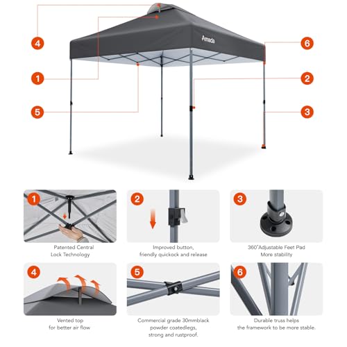 Amada 10x10 Pop Up Canopy Tent, 1-Button Push Easy-up Outdoor Canopy Beach Tent with 3-Height Adjustable Waterproof Shade Shelter, Wheeled STO-N-Go Bag 8 Stakes, 4 SandBags (10×10ft, Dark Gray) - color: Dark Grey, size: 10x10ft