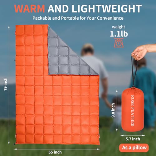 Down Camping Blanket - Lightweight, Packable, Warm & Puffy Outdoor Travel Quilt for Sleep, Hiking, Backpacking, Stadium, Festivals, Water-Resistant Sleeping Bag 55"x79" - color: Sunset Orange, size: 1LB 1.6OZ / 79" x 55"