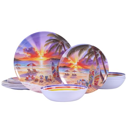 12 Piece Melamine Plates and Bowls Set - Beach Sunset Melamine Dinnerware Set for 4，Unbreakable Dishes Set，Stackable Lightweight Plates & Bowls for Indoor & Outdoor Use，Tropical Sunset - color: Sunset Beach