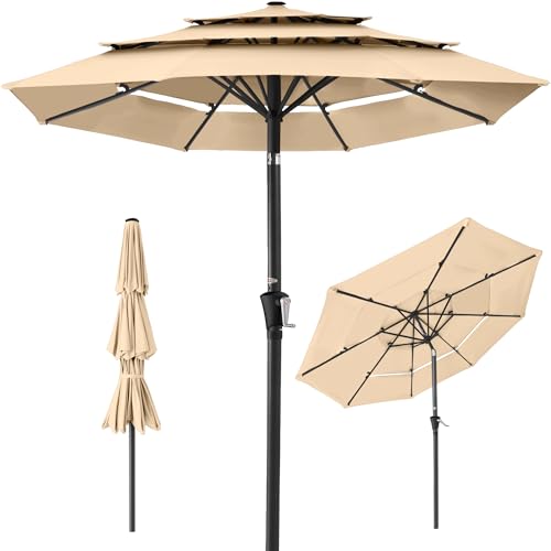 Best Choice Products 10ft 3-Tier Market Patio Umbrella, Outdoor Sun Shade with Tilt, Crank Lift, 8 Ribs for Backyard, Deck, Poolside - color: Sand