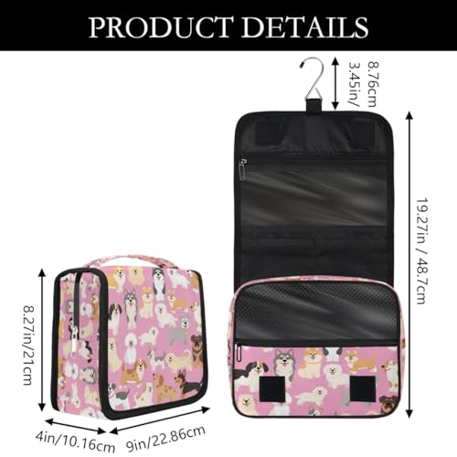 Cartoon Cute Dogs Pattern Kids Toiletry Bag for Girls, Waterproof Hanging Makeup Organizer Travel Cosmetic Bag with Hook, Portable Toiletries Case for Sleepovers School Vacations - color: Cartoon Cute Dogs Pattern
