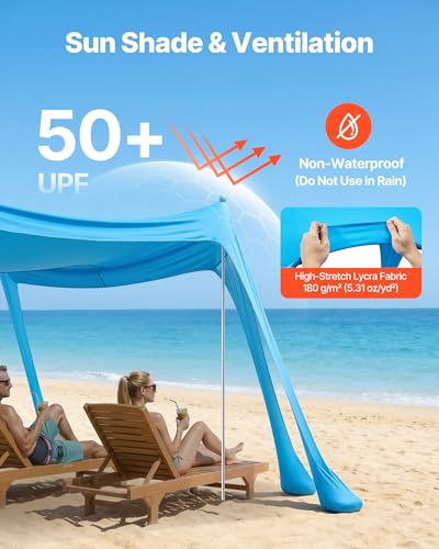 VEVOR Beach Tent Sun Shelter, UPF50+ Sun Protection, 6.6 ft Tall, 10 x 10 ft, Easy Pop Up Beach Canopy with Sandbags, Stability Poles, Sand Shovels, Portable Shade for Family, Camping, Fishing, Blue
