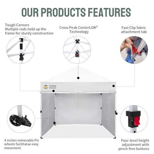 CROWN SHADES 10x10 Pop Up Canopy Tent Instant Commercial 1-Person Setup Patended Centerlock with 400D Fabric, 4 Sidewalls, 4" Wheels, 4 Upgraded Weights, Sto'N Go Bag, White - color: White, size: 10x10 Tall Center