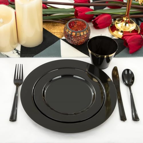 EI 350pcs Black Plastic Plates Disposable Heavy Duty Plastic Dinnerware Set Pre Silverware and Napkins Set Black and Gold Cups for Party Suit for Party,Wedding,Afternoon Tea,Spring,Valentine's Day - color: Black Plastic Plates Dinnerware