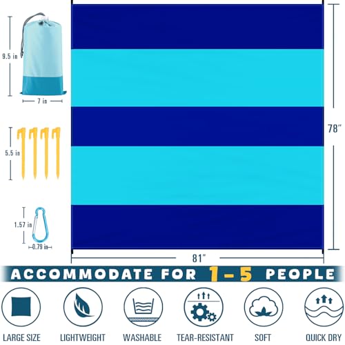 Beach Blanket Waterproof Sandproof 78''×81'' Large Suits 1-5 Adults Oversized Lightweight Picnic Mat Beach Blanket Water Resistant for Camping Hiking Travel Picnic - color: Dark Blue, size: 78''x81''