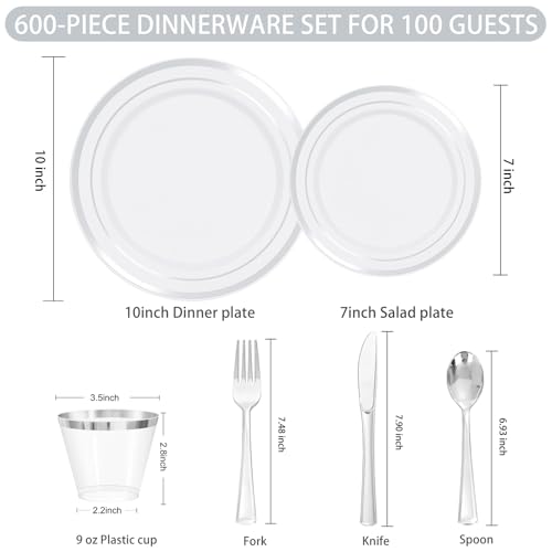 WELLIFE 600 PCS Silver Disposable Dinnerware Set for 100 Guests, Wedding Reception Plates & Silver Plastic Tableware, Dinner & Salad Plates, Cups, Forks, Knives & Spoons for Weddings & Elegant Events - color: Silver, size: 100 Guests
