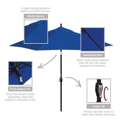 California Umbrella 9' Round Aluminum Market Umbrella, Crank Lift, Push Button Tilt, Black Pole, Royal Blue Olefin - color: Royal Blue