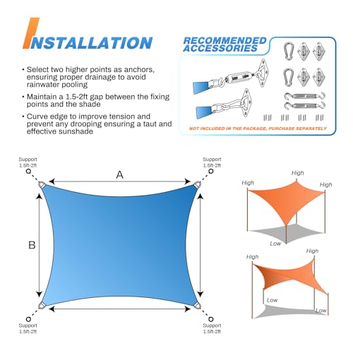 TANG 12' x 14' Sun Shade Sail Rectangle Outdoor Canopy UV Block Sunshades for Patio, Square Shade Cloth for Backyard Porch Deck Garden Pergola Cover, Gray