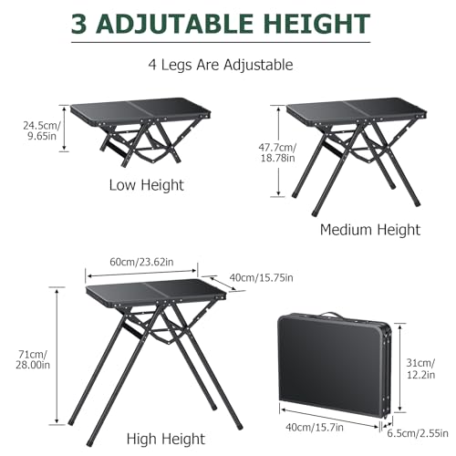 JiGiU Folding Table with Metal Mesh Desktop, Grill Table Camping Table with Carry Handle Adjustable Height (9.7", 28", 18.8"), 180lbs Weight Capacity Outdoor Table for Camp, Cooking, BBQ, RV, Picnic