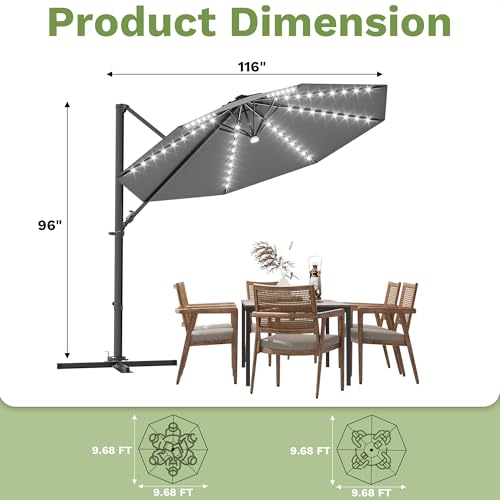 Patiowell 10 FT Patio Umbrella with Solar LED Light, Outdoor Cantilever Umbrella with 360 Degree Rotation, Outside Large Round Sun Umbrella with Frame for Backyard Garden Poolside, Gray - color: Gray with Light, size: 10 FT
