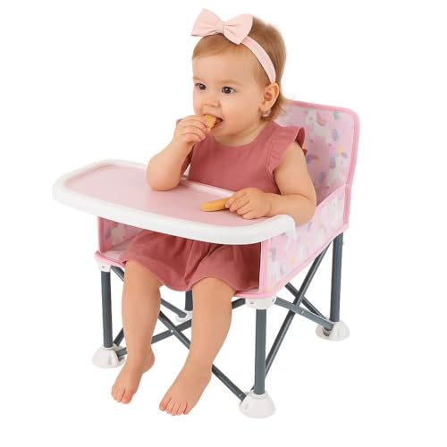 PandaEar Portable Baby Booster Seat | Compact Fold with Safety Straps & Feeding Tray for Indoor/Outdoor Use | Great for Travel, Camping, Beach, Lawn | Toddlers, Kids, Boys, Girls (Pink Unicorn)