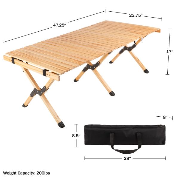 Foldable Camping Table - 4ft Roll-Up Portable Picnic Table with Carry Bag - Indoor/Outdoor Low Height Travel, Party, or Beach Table by Wakeman Outdoors (Natural Wood) - size: Large