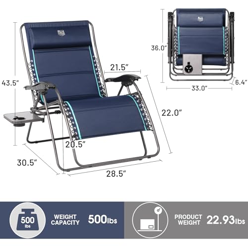 Timber Ridge Oversized Zero Gravity Chair, 33In Wide XXL Zero Gravity Reclining Chair with Side Table, Full Padded Lounge Chair for Outdoor Camping Patio Lawn, Heavy Duty Supports 500lbs, Blue-1 Pack - color: Blue-1 Pack