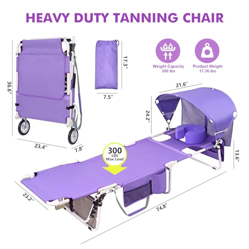 Wheel-To-Go Tanning Chair with Wheels Sun Canopy Umbrella Face Hole Thicker Washable Adjustable, Heavy Duty Folding Lay Flat Sun Lounge Chair Beach Outside Sunbathing Reading, UPF 50+ (Patent Design) - color: Purple, style: Standard Size + Sun Canopy Styl