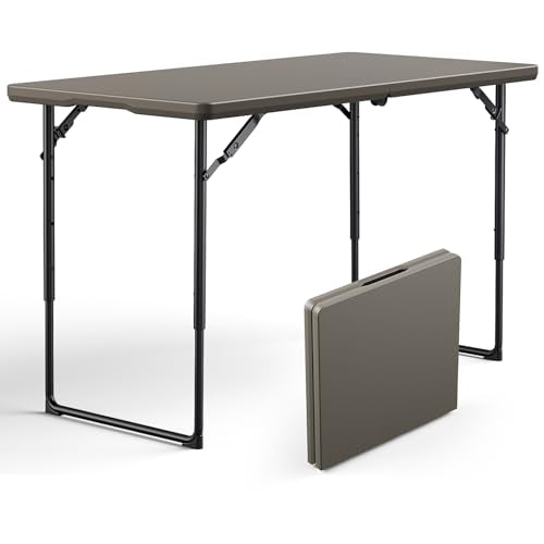 Folding Table 4ft - Heavy Duty Fold-in-Half Plastic Table with Adjustable Height, Portable Utility Tables with Steel Legs for Indoor, Outdoor, Picnic, Camping, Dining, Party (Khaki) - color: Khaki, size: 4ft