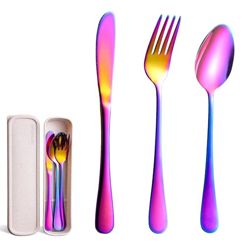 Portable Utensils Set with Case, 4pcs Stainless Steel Reusable Silverware for Lunch Camping School Picnic Workplace Travel, Lunch Box Includ Fork Spoon Knife,Easy to clean,Dishwasher Safe(Rainbow) - color: Rainbow1