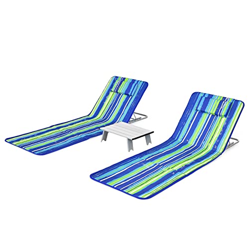 Giantex Beach Chairs for Adults 2 Pack Set with Side Table, 5 Position Adjustable Folding Lawn Chair for Sunbathing, Patio Chaise Lounge Lightweight Backpack Camping Chairs (Stripe) - color: Stripe