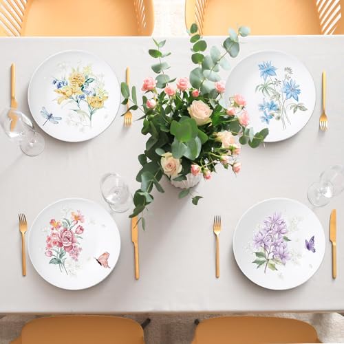 Naozinebi 4 Pcs 10 Inch Spring Theme Flower Plates Melamine Floral Dinnerware Set Reusable Melamine Spring Floral Baby Shower Plate Dishwasher Creatively Drop Resistant Cute Plastic Dish - style: Flowers