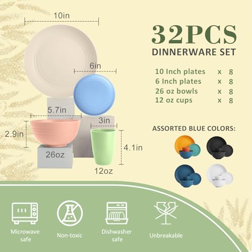 Wrova Wheat Straw Dinnerware Set of 32, Unbreakable Dinner Plates and Bowls Sets Service for 8, Microwave & Dishwasher Safe Dishes Set for Kitchen and Dining.Nordic Series - color: Nordic Series, size: 32 Pack