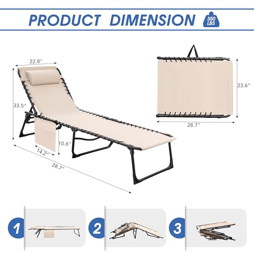 Flamaker Foldable Chaise Lounge Chair 5-Position Adjustable, Tanning Chair with Side Pocket, Outdoor Sunbathing for Pool, Beach, Patio, Lawn, Indoor Recliner Chair for Napping(Beige, 1 Pcs) - color: Beige, style: Normal, 1 Pcs