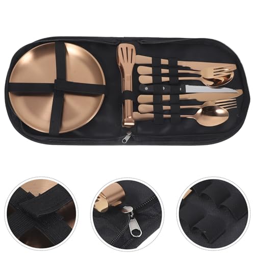 KICHOUSE 10pcs Gold Stainless Steel Outdoor Camping Flatware Set with Portable Storage Bag, Picnic Serving Silverware and Travel Utensils for Hiking and Outdoor Dining