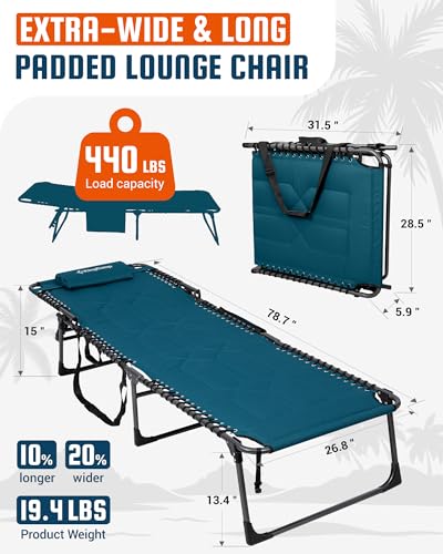 KingCamp Oversized Tanning Chair, Extra-Wide Padded Folding Chase Lounge Chairs Portable Adjustable 5-Position 440lbs Heavy Duty Lounger with Double-Layer Oxford for Outdoor Beach Patio Sun Pool Blue - color: Pro-blue-1 Pack