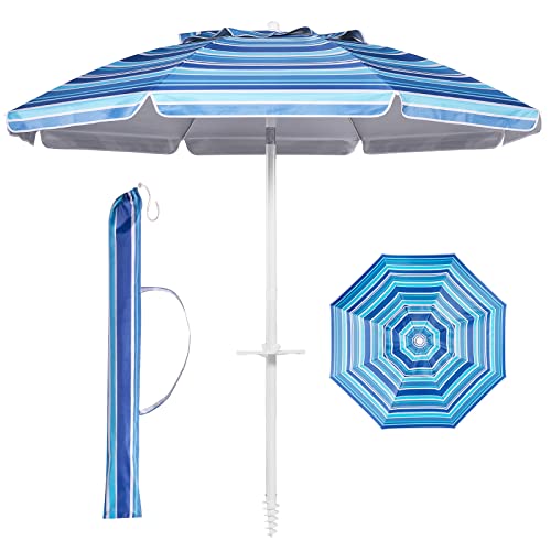 Aoxun Beach Umbrella with Tilt Pole, Portable Sand Anchor and Carry Bag, UPF 50+ Sun Shelter Air Vents Design for Outdoor (Navy Blue & White), 7ft - color: Stripe Blue, size: 7ft