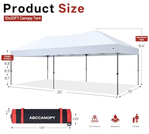 ABCCANOPY 10x20 Pop Up Canopy Tent, Easy Setup Instant Shelter with Wheeled Bag, Heavy Duty Outdoor Canopy for Beach, Market, Backyard, UV Protection, Outdoor Weather Protection (White, 10x20) - color: White, size: 10x20