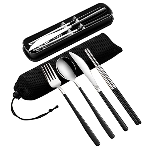 VANRA 4-Piece Portable Travel Utensils Set with Case 18/8 Stainless Steel Flatware Set Reusable Cutlery Set with Fork Spoon Knife Chopstick for Lunch Travel Camping School Work Picnic (Black) - color: Black, size: Fork Spoon Knife Chopstick