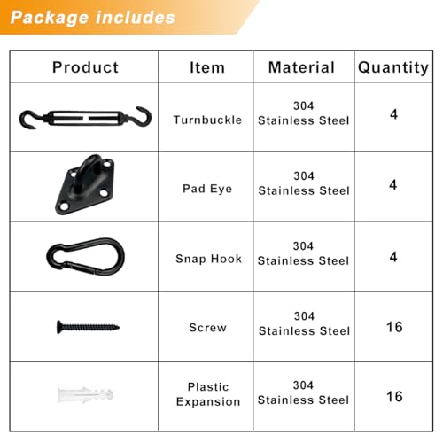 Shade Sail Hardware Kit 6 Inch - 304 Stainless Steel Sun Shade Hardware for Triangle/Rectangle Outdoor Sun Shade Sail, Black, 44 Pcs - size: M6-44pcs
