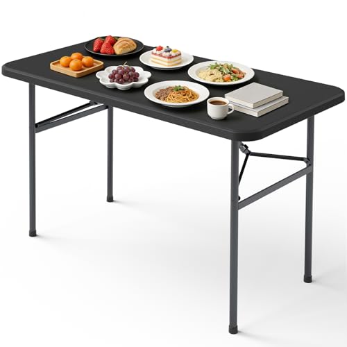 4ft Folding Table, Heavy Duty Plastic Card Table with Foldable Steel Legs, Metal Frame Support up to 400 lb, Portable for Indoor, Outdoor, Picnic, Camping, Dining, Party, Black - color: Black, size: 4FT